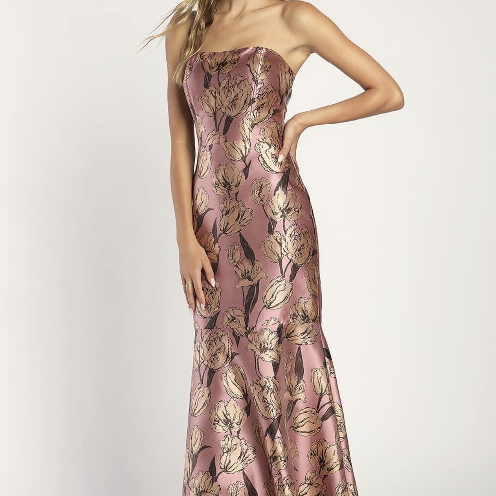 Lulu's Gowning Around Mauve Pink Floral Jacquard Strapless Maxi Dress